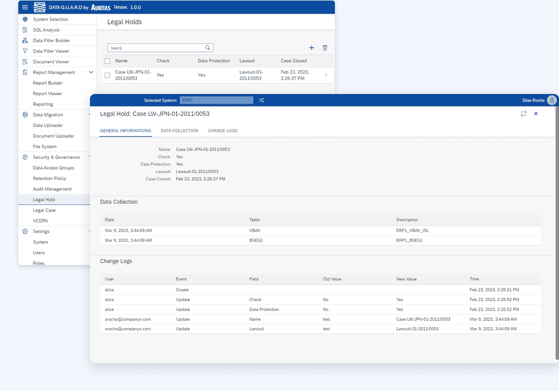 Tab 2 Legal Holds Data ASSIST: SAP Data Archiving Tool by Auritas