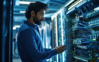 Indian man working data center, fixing the servers and checking the updates