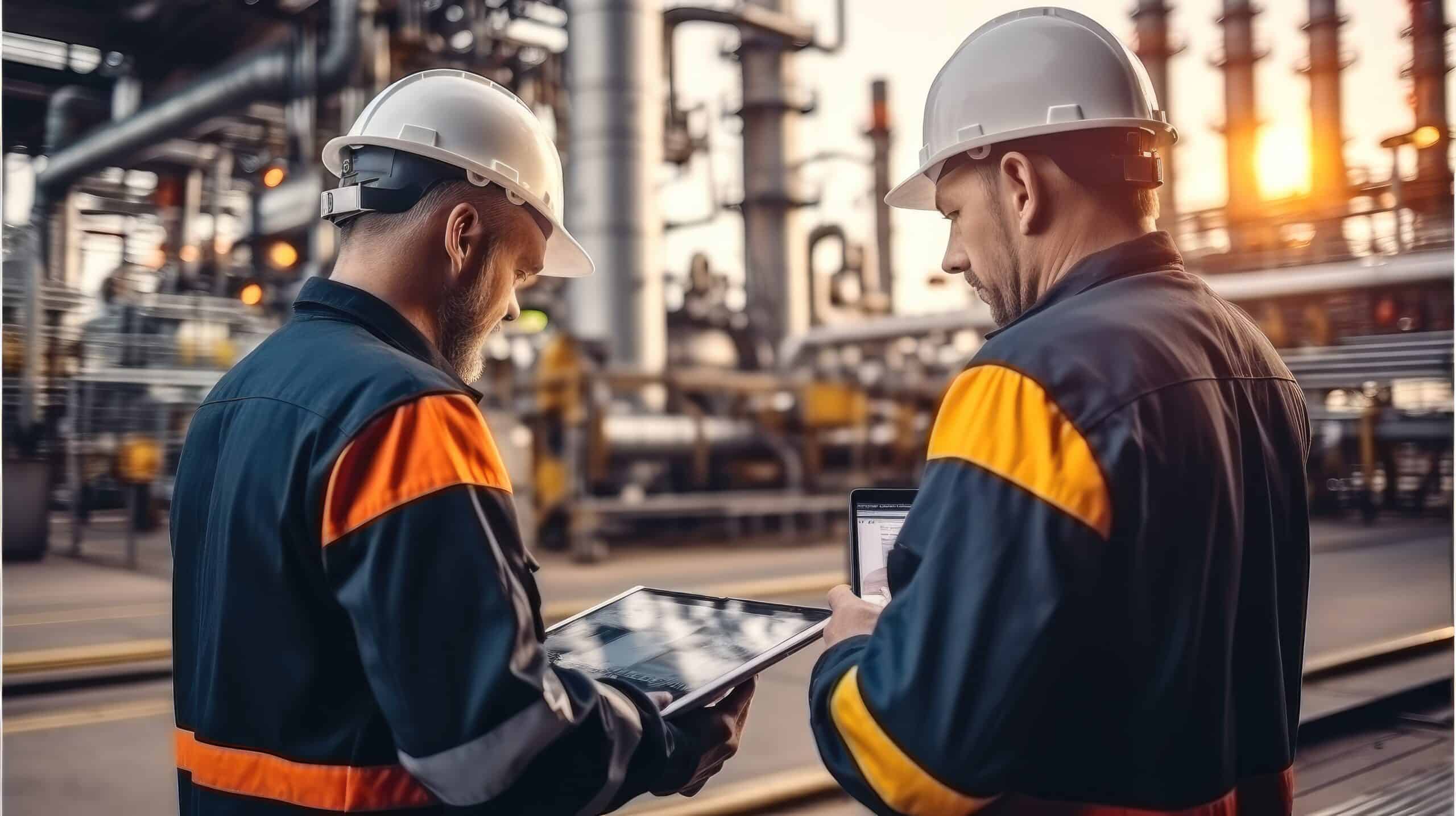 Two engineers with tablet computers remote testing of the functionality of oil refinery components. Oil & gas solutions, oil and gas sap, oil and gas data management, oil and gas process optimization, oil and gas pra, oil and gas archiving, oil and gas mergers, oil and gas acquisitions, document management, asset management, financial automation, oil and gas financial