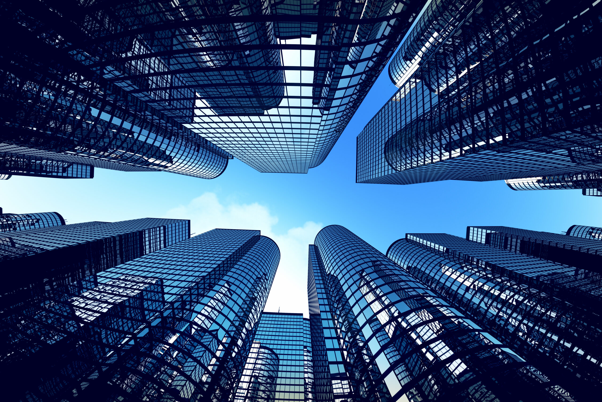 Business towers with fisheye lens effect. AdobeStock 52150204 scaled SAP ILM | Auritas