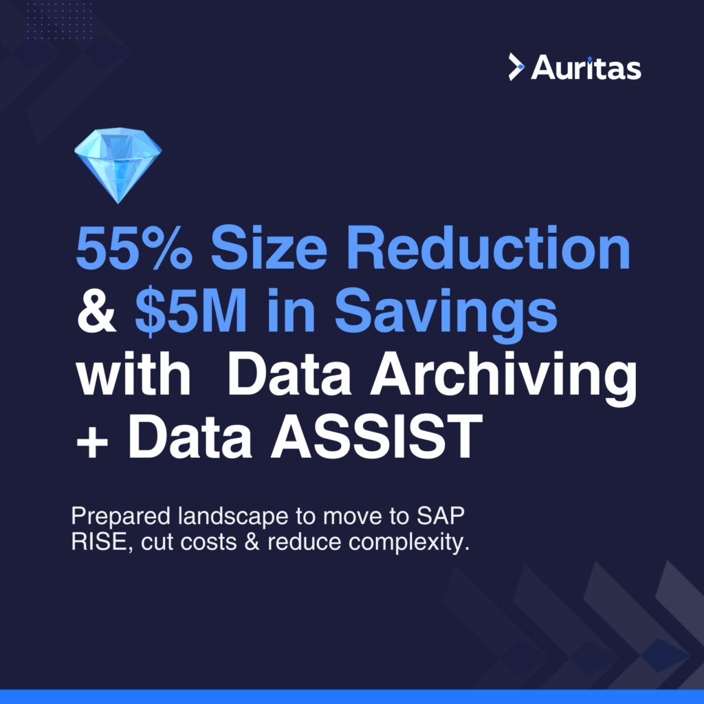 55% size reduction and $5 million in savings with data arching, and sap migration preparation